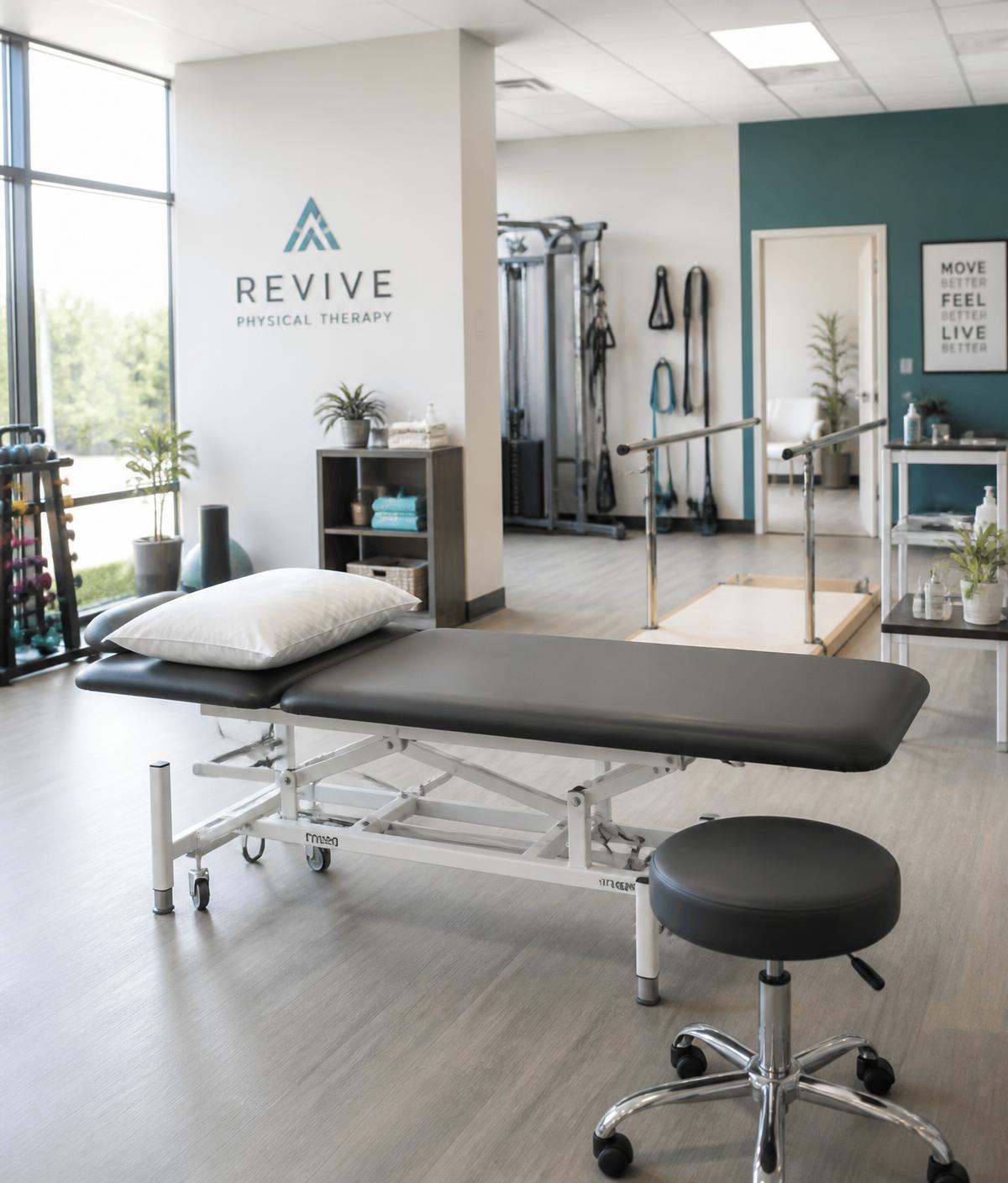 Modern clinical physical therapy room with treatment table and rehab equipment